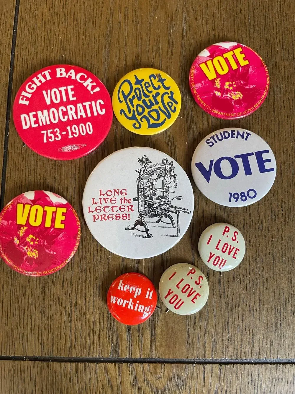 Lot of 9 Vintage Vote Political Novelty Pinback Buttons Student Vote 1980